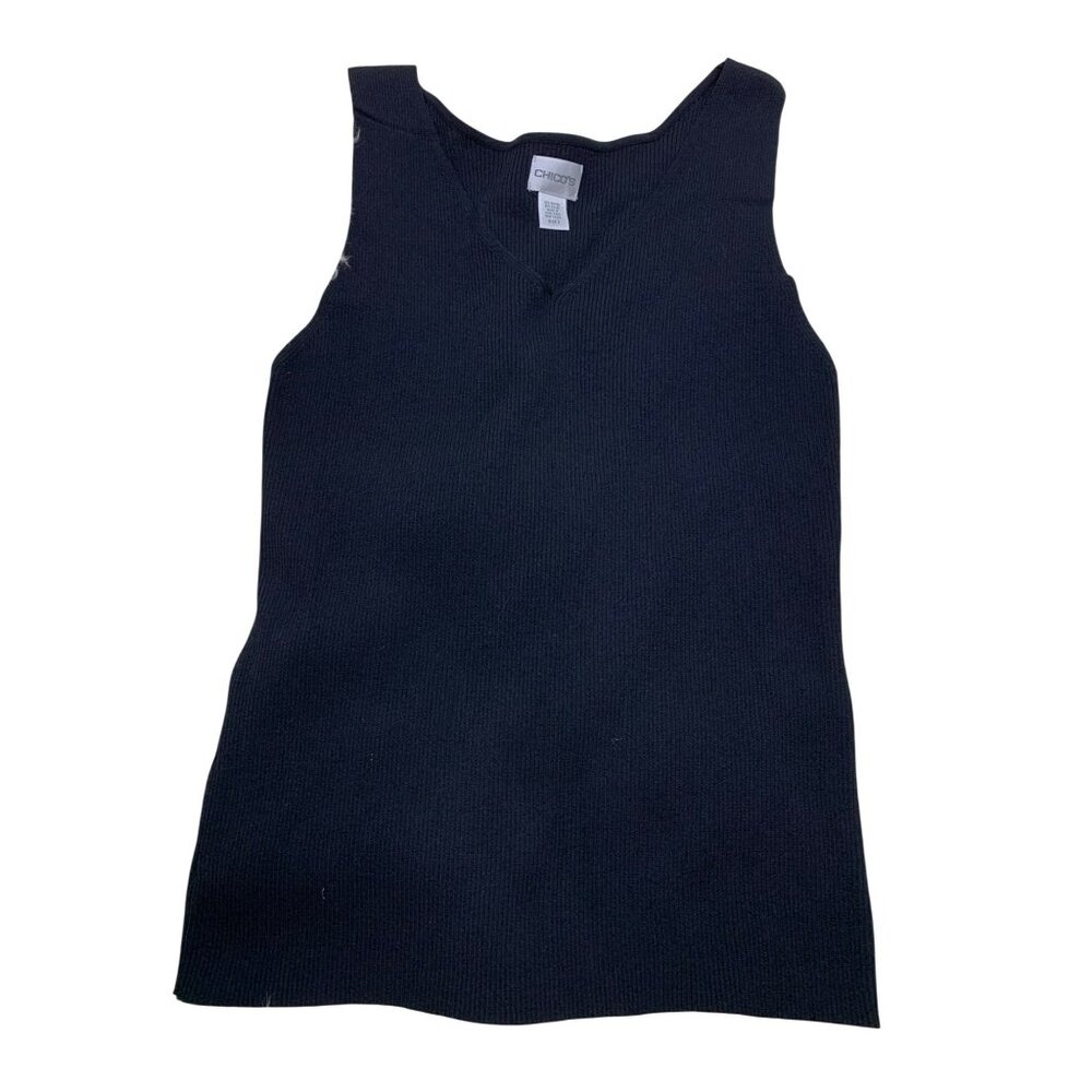 Chicos Black Sleeveless V-Neck Knit Top Size 2 Rayon Nylon Made In Hong Kong